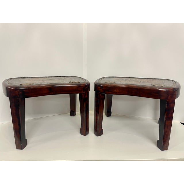 Wood Hardwood Low Tables With an Inset Antique Japanese Leather Saddle Top—A Pair For Sale - Image 7 of 13