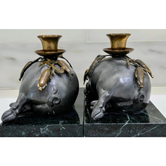 Metal Vintage Petites Choses Pewter Sleeping Pig Candle Holders on Green Marble – Pair, Usa For Sale - Image 7 of 15