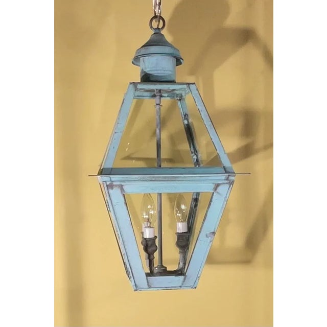 Quality handmade of solid copper lantern with three 40 watt lights. Electrified and ready to light. Beautiful oxidization...