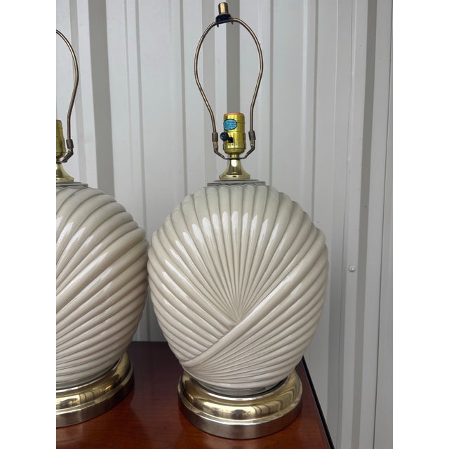 1980s Sculptural Postmodern Ivory Ceramic Spiral Shell Table Lamps, 24”h, a Pair For Sale - Image 5 of 11