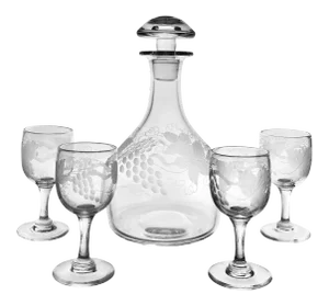 1950s English Etched Glass Sherry Decanter With Glasses- 5 Pieces