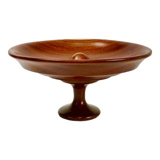 Mid-Century Folk Art Arts & Crafts Hand Turned Walnut Wood Compote. For Sale