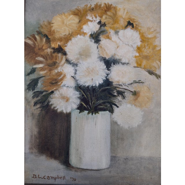 Mid-Century Modern “White and Golden Chrysanthemums” by d.l. Campbell, 1970_ Original Oil, Framed For Sale - Image 3 of 5