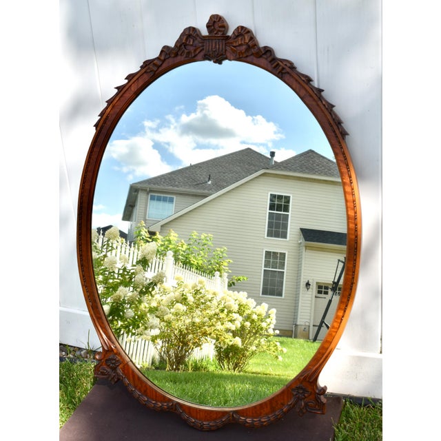 Wood Satinwood Oval Wall Mirror Carved French Flower Basket Crest Decorative Frame For Sale - Image 7 of 15