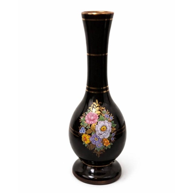 Handmade Greek Black Porcelain Vase with Hand Painted Floral Motif and 24k Gold Gilding For Sale - Image 6 of 6