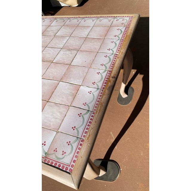 1980s Shabby Chic Wooden Spanish / Italian Style Tile Top Dining Table Pink Trim W/ Floral Center For Sale - Image 11 of 18