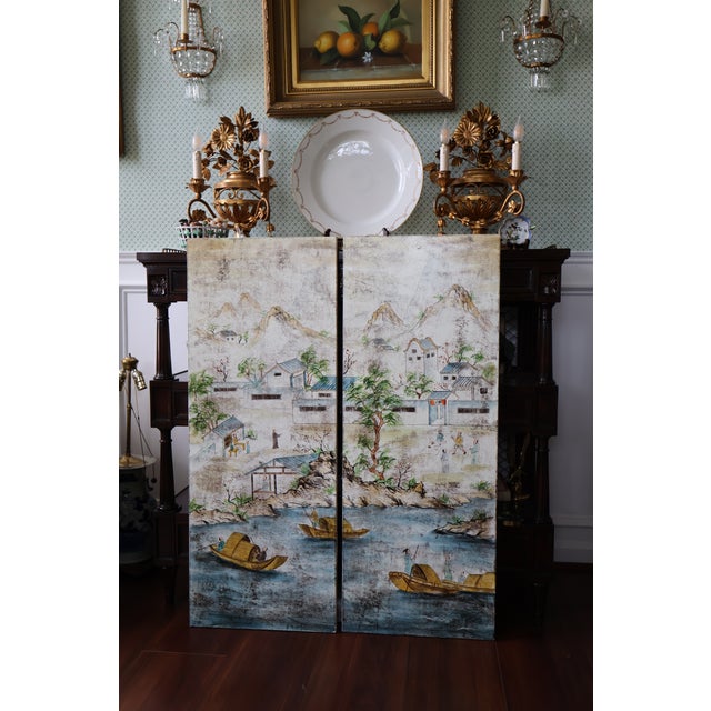 Chinoiserie Pair of Vintage Hand-Painted Chinese River Village Solid Wood Panels For Sale - Image 3 of 18