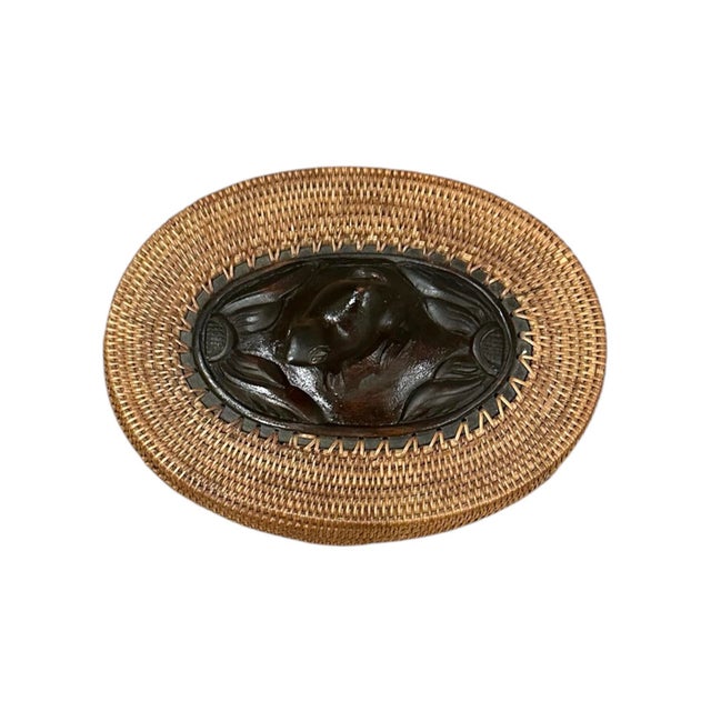 Wood Vintage Iris Apfel Owned Indonesian Wicker Basket Box With Carved Wood Frog For Sale - Image 7 of 11