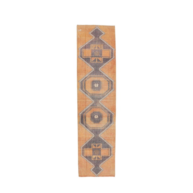 2'9x11'4 Vintage Orange Geometric Turkish Hand-Knotted Runner Rug For Sale - Image 9 of 9
