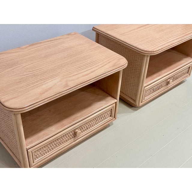 Signed Pair of Roche Bobois Nightstands by Maugrion – French Oak & Cane, Circa 1980 For Sale In West Palm - Image 6 of 10