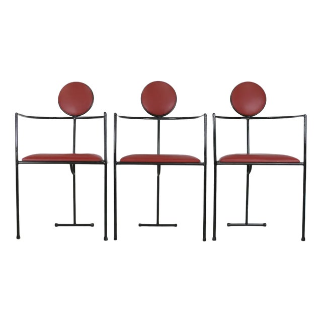 French Steel and Leather Armchairs, 1980s, Set of 3 For Sale