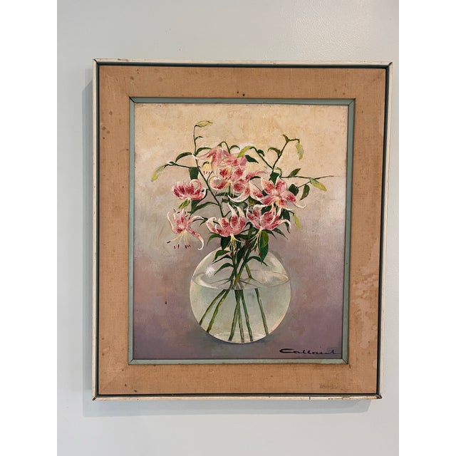 Mid-Century Modern 1970s Signed Mid-Century Modern Oil on Canvas Floral Still Life “Stargazer Lilies” by Callard, 30.5” X 26.5” For Sale - Image 3 of 6