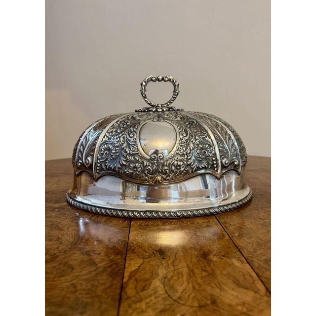 Outstanding quality antique Edwardian silver plated meat cove, having a quality antique Edwardian silver plated meat cover...