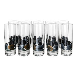 Vintage Black, Silver-Blue and Gold-Tone Floral Highball Glasses — Set of 10 For Sale