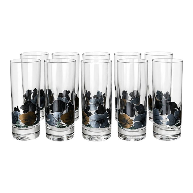 Vintage Black, Silver-Blue and Gold-Tone Floral Highball Glasses — Set of 10 For Sale