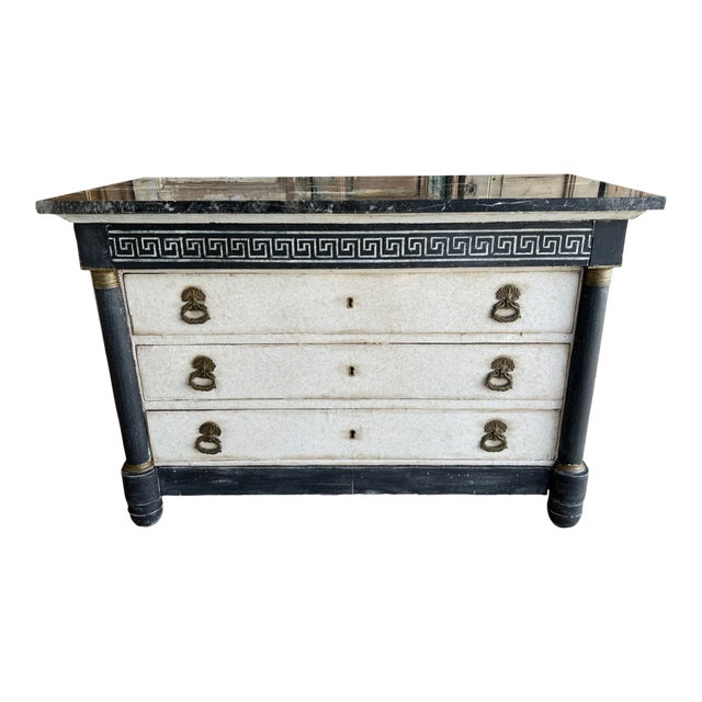 French Empire Greek Key Painted Marble Top Commode - Mid 19th C For Sale