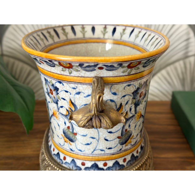 Vintage Porcelain Crackle Glaze Floral Jardinière Brass Ormolu-Style Footed Cachepot Planter Vase For Sale - Image 10 of 17