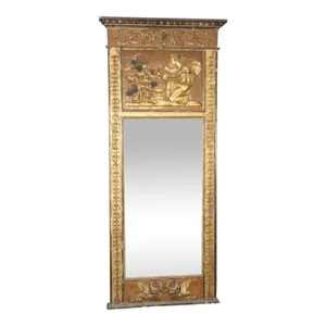 Superb Distressed Gilded Paint Decorated Figural Neoclassical Mirror With Swans