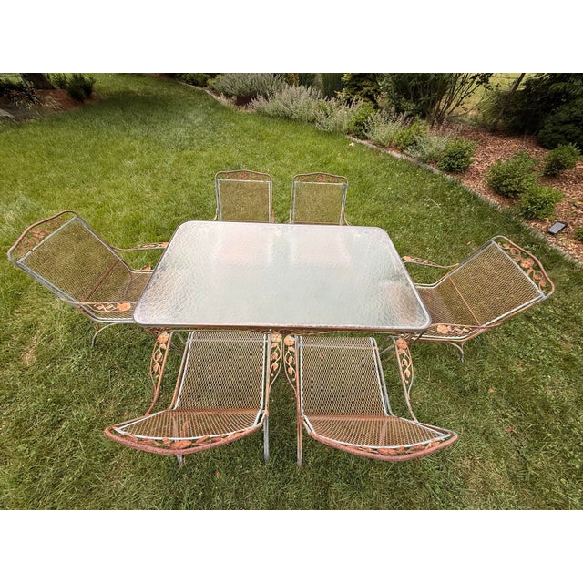 American Vintage Woodard Style Wrought Iron Patio Dining Set - 7 Pieces For Sale - Image 3 of 12
