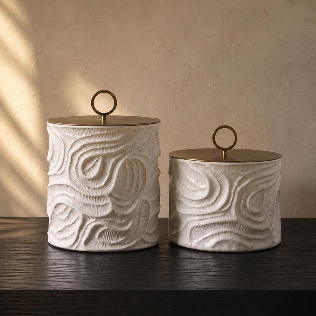 White Ceramic Fossil Brass Lid Canister Set of Two For Sale - Image 4 of 4