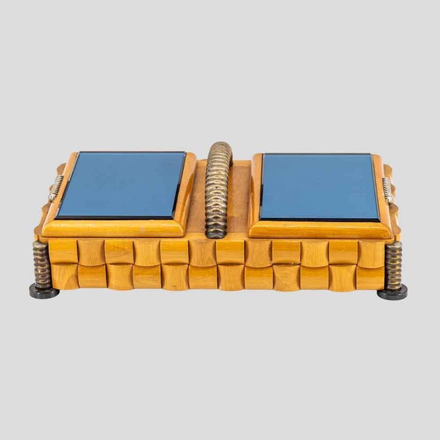 Blue Vintage Wooden Box with Brass Decor in the style of Paolo Buffa, 1930s For Sale - Image 8 of 11
