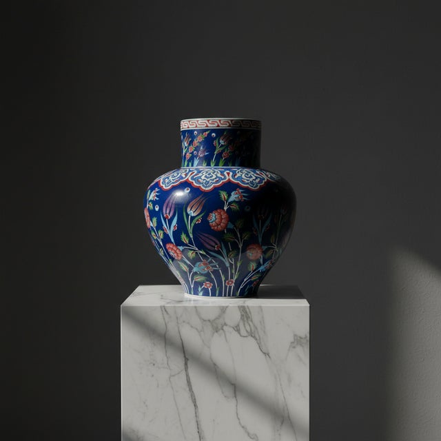Blue Handmade Monumental Iznik Floor Vase (50cm) – Deep Cobalt Blue & Floating Flora – Ottoman Art Decor For Sale - Image 8 of 8