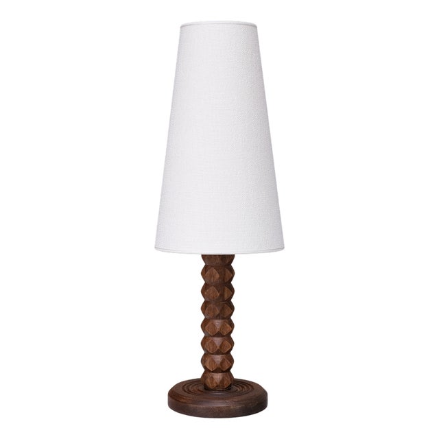 Oak Table Lamp with Tapered Shade attributed to Charles Dudouyt, France, 1950s For Sale
