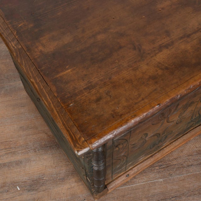 Green Hungarian Carved Pine Flat Top Trunk Dated 1848 For Sale - Image 8 of 15