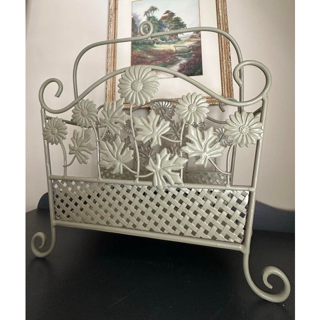 Metal Vintage Late 20th Century Wrought Iron Floral Magazine Rack With Daisy & Leaf Metalwork- Cottage Shabby Chic Décor For Sale - Image 7 of 12