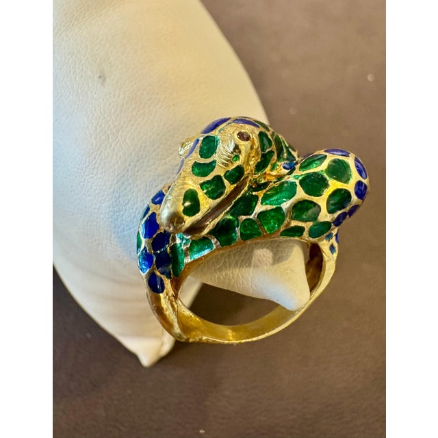 Metal Blue & Green Enamel Snake Animal Cocktail Ring in 18 Karat Yellow Gold Size 5 For Sale - Image 7 of 18
