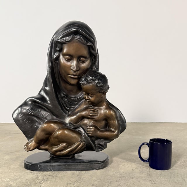 Bronze Madonna Mary and Child Relief Sculpture on Marble Base, 20” H – Wall-Mountable For Sale In Dallas - Image 6 of 6