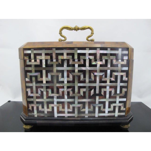 Brass Maitland Smith Mother of Pearl Inlaid Caddy Box With Brass Hardware For Sale - Image 8 of 14