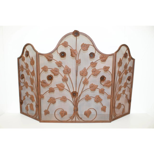 Mid 20th Century Vintage Reddish Brown Wrought Iron Fireplace Screen With Rose Vine Design For Sale - Image 5 of 5