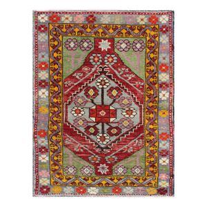Vintage Turkish Oushak Gallery Runner With Bold Red, Lavender, Green 3'1 X 4'3