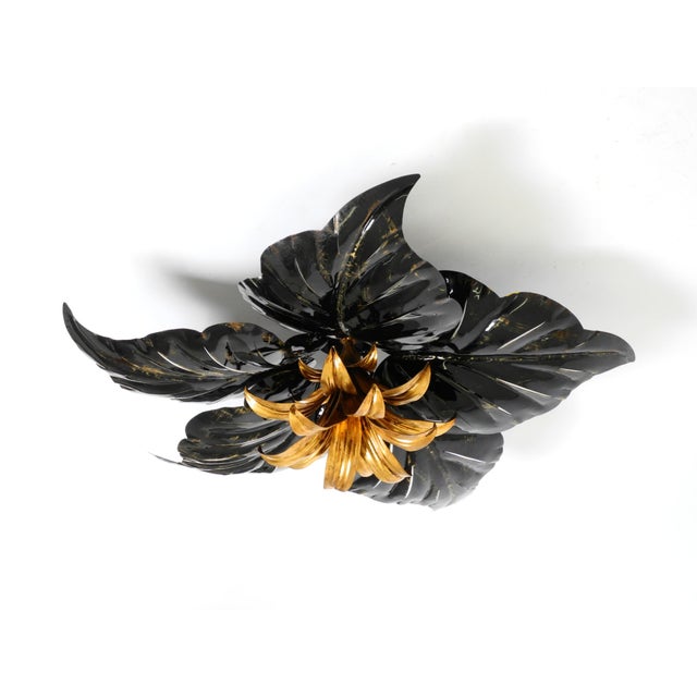 Hollywood Regency Large Black and Gilt Metal Floral 5-Arm Ceiling Lamp by Hans Kögl, 1980s For Sale - Image 3 of 18