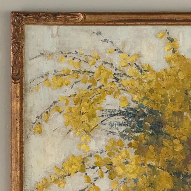 Wood Framed Oil Painting on Canvas by Clemence Biron Dated 1925 'Forsythia' For Sale - Image 7 of 17