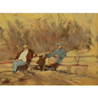 Business News by Jann T. Bass | Oil on Board Two men sitting on a bench in a natural setting. For Sale