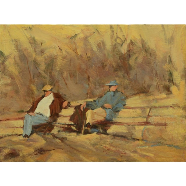 Business News by Jann T. Bass | Oil on Board Two men sitting on a bench in a natural setting. For Sale