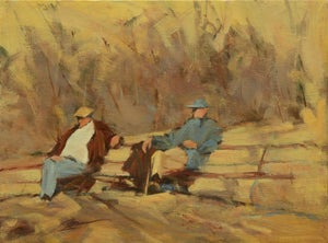 Business News by Jann T. Bass | Oil on Board Two men sitting on a bench in a natural setting.