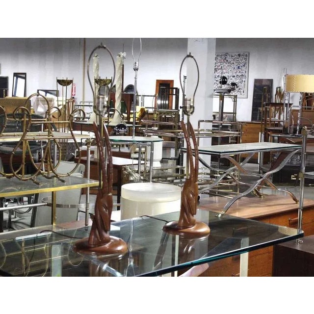 Wood Vintage Mid Century Sculptural Carved Wood Gazelle Motive Walnut Table Lamps- a Pair For Sale - Image 7 of 8