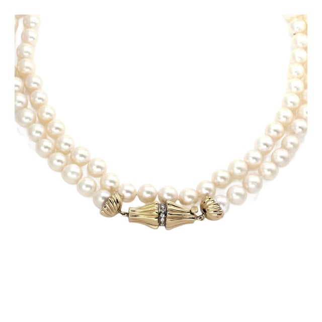 14k Yellow Gold Diamond and Pearl Necklace 36" Long For Sale