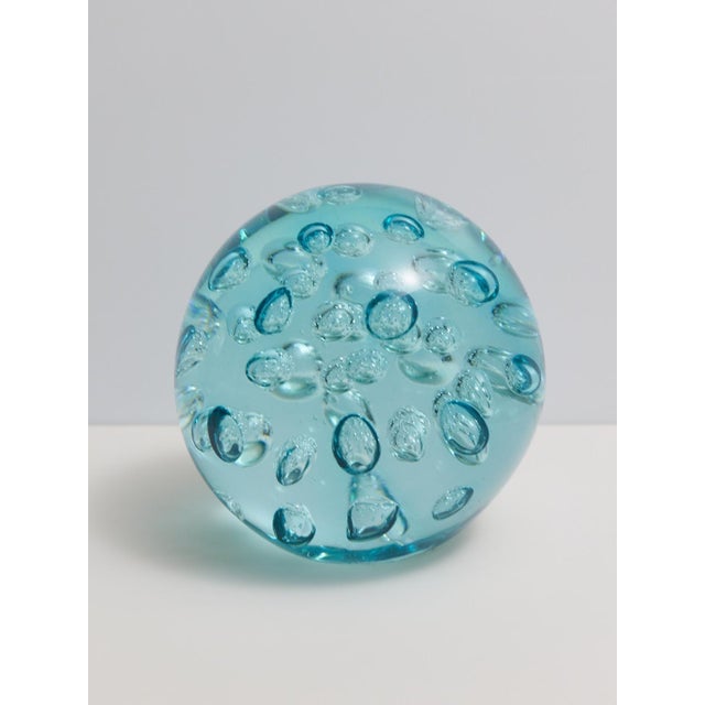 Glass Large Blown Glass Controlled Bubble Paperweight in Aqua For Sale - Image 7 of 9