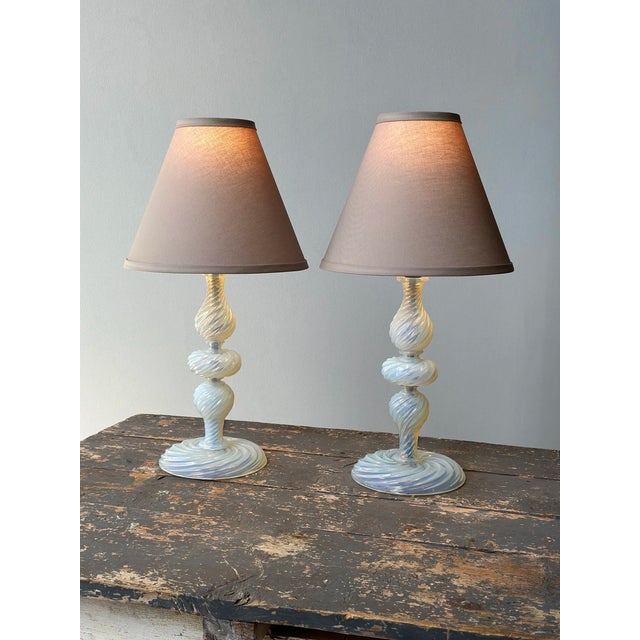 Mid-Century Modern Vintage Murano Opalescent Blown Glass Lamps Attributed to Barovier + Toso, a Pair, Circa Mid 20th-Century For Sale - Image 3 of 18