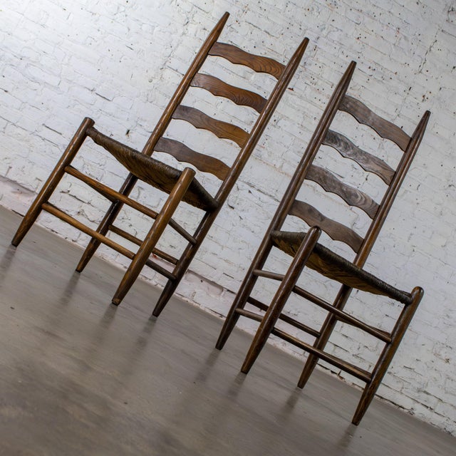 Late 19th to Early 20th Century Pair of French Country Style Oak Ladderback Chairs Twisted Papercord Seats For Sale - Image 6 of 18