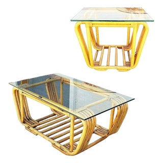 Restored Mid-Century Floating Glass Top Rattan Coffee & Side Table, Pair For Sale