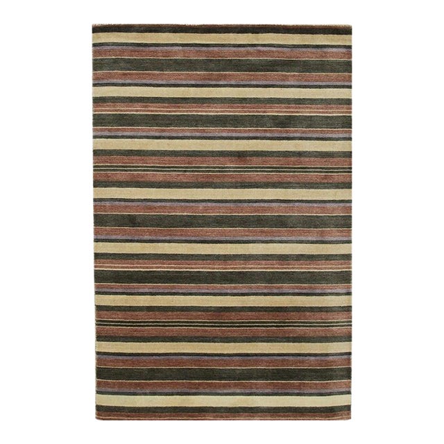 5x8 Multicolor Hand-Knotted Wool Harmonic Earth Tones Striped Modern Carpet Rug For Sale
