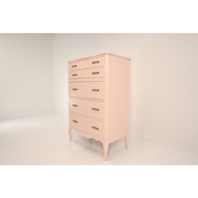 West Michigan Furniture Co. West Michigan Furniture French Provincial Louix XV Style Pink Highboy Dresser | Newly Refinished For Sale - Image 4 of 16