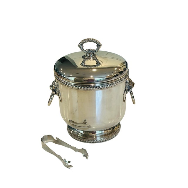 Mid 20th Century Vintage the Sheffield Silver Co. Silver-Plated Ice Bucket With Lion Head Handles, Milk Glass Liner & Ornate Ice Tongs | Hollywood Regency Barware For Sale - Image 5 of 15