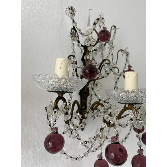 Metal French Amethyst Murano Drops Crystal Prisms Spear Stars Sconces, Circa 1920 For Sale - Image 7 of 14