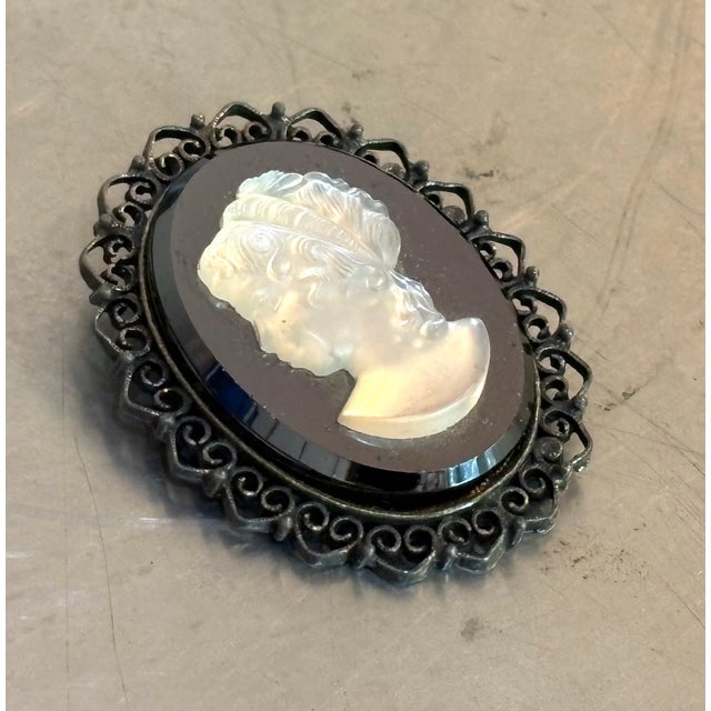 Black/White Iridescent Cameo Brooch For Sale - Image 4 of 4